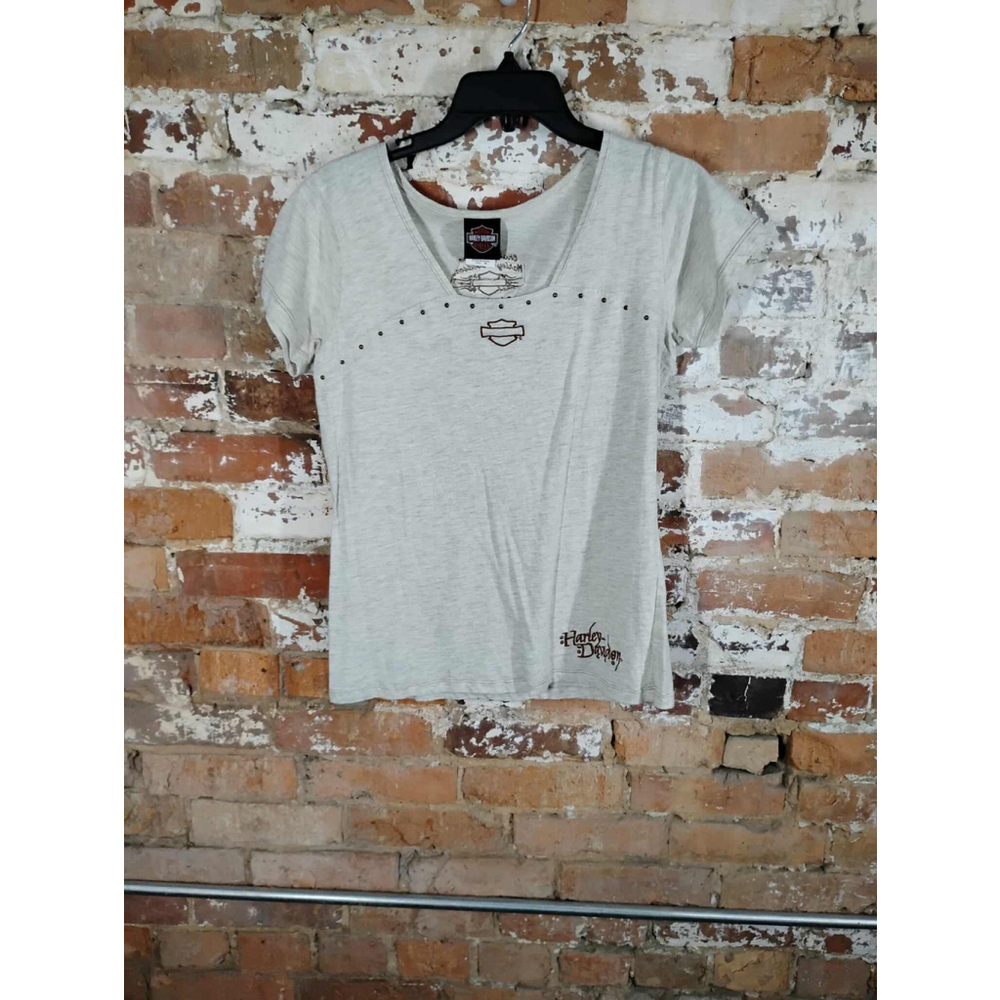 Harley Davidson T Shirt Womens XL Fitted White Embellished Short Sleeve